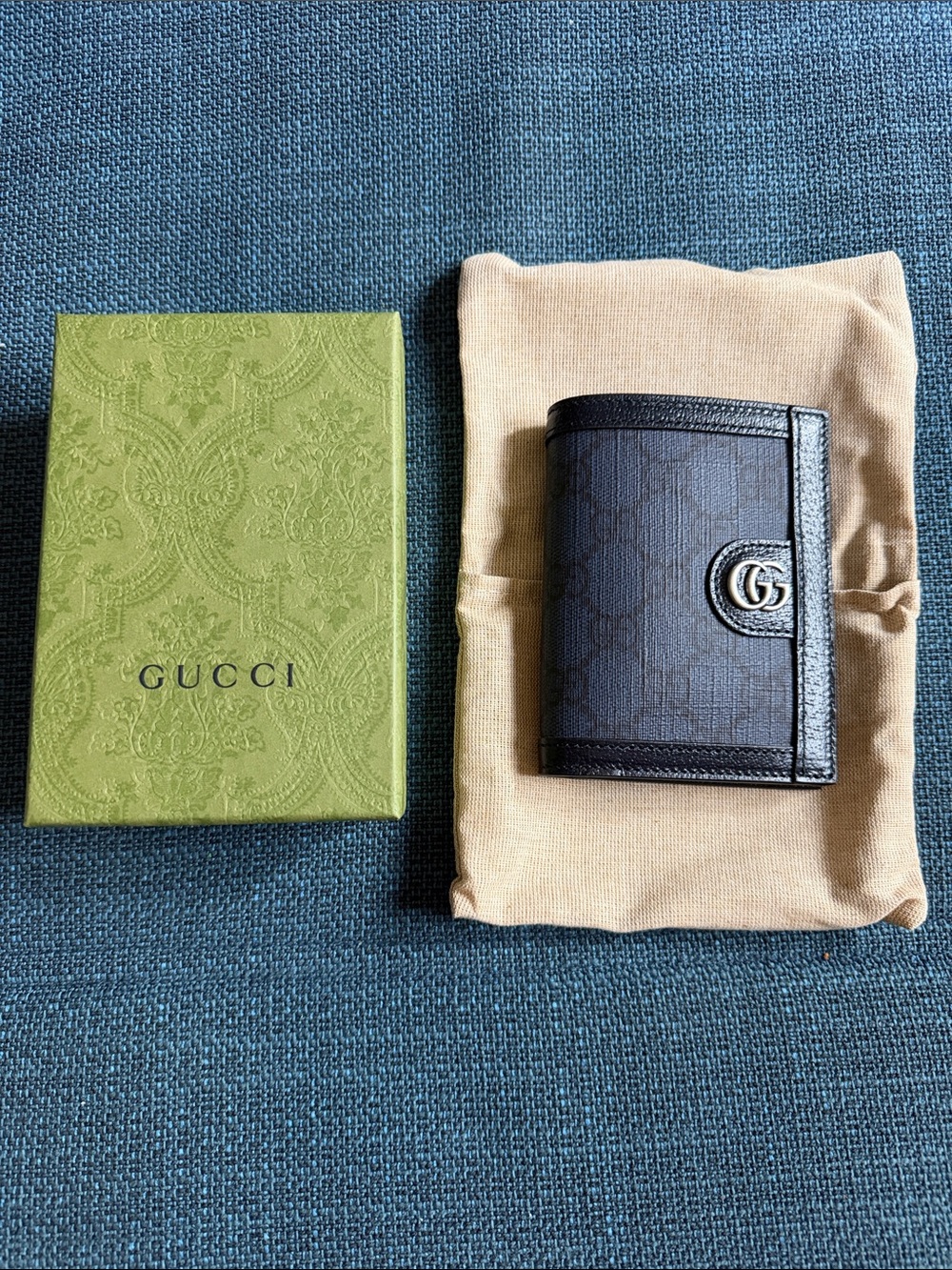 Gucci Black GG Monogram Trifold Card Case with Silver Hardware